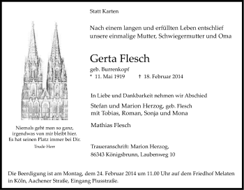 Anzeige von Gerta Flesch von Kölner Stadt-Anzeiger / Kölnische Rundschau / Express