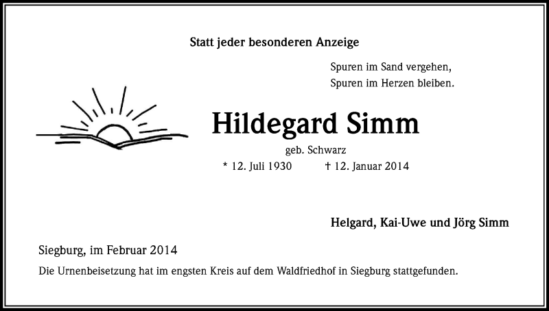  Traueranzeige für Hildegard Simm vom 22.02.2014 aus Kölner Stadt-Anzeiger / Kölnische Rundschau / Express