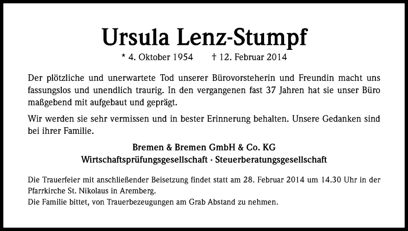  Traueranzeige für Ursula Lenz-Stumpf vom 22.02.2014 aus Kölner Stadt-Anzeiger / Kölnische Rundschau / Express