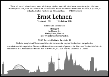 Anzeige von Ernst Lehnen von Kölner Stadt-Anzeiger / Kölnische Rundschau / Express