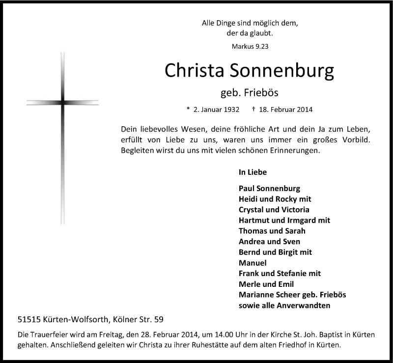  Traueranzeige für Christa Sonnenburg vom 22.02.2014 aus Kölner Stadt-Anzeiger / Kölnische Rundschau / Express