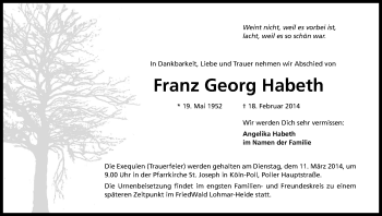 Anzeige von Franz Georg Habeth von Kölner Stadt-Anzeiger / Kölnische Rundschau / Express