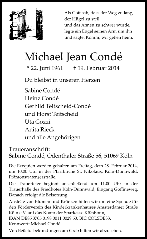  Traueranzeige für Michael Jean Condé  vom 22.02.2014 aus Kölner Stadt-Anzeiger / Kölnische Rundschau / Express