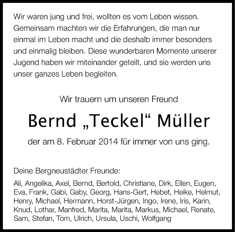  Traueranzeige für Bernd  Müller vom 24.02.2014 aus Kölner Stadt-Anzeiger / Kölnische Rundschau / Express