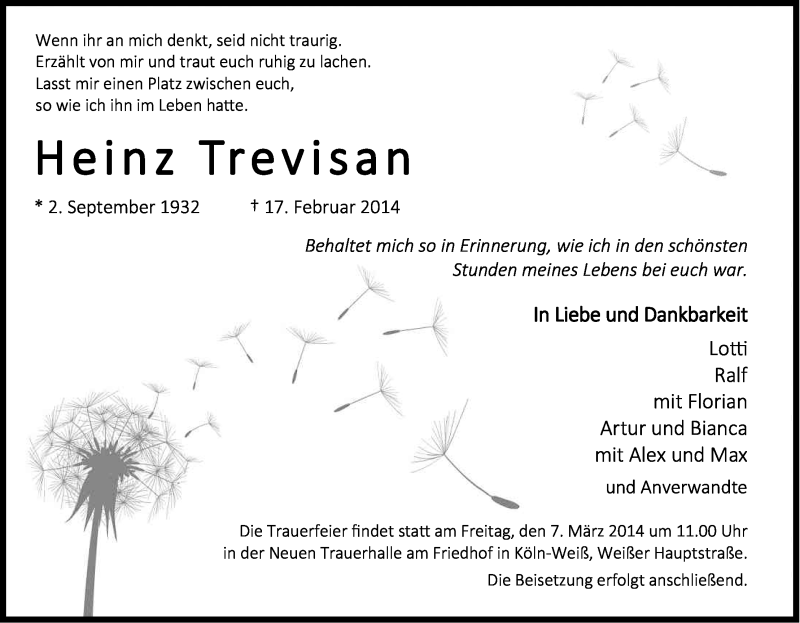  Traueranzeige für Heinz Trevisan vom 26.02.2014 aus Kölner Stadt-Anzeiger / Kölnische Rundschau / Express
