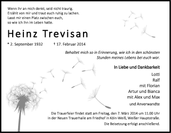 Anzeige von Heinz Trevisan von Kölner Stadt-Anzeiger / Kölnische Rundschau / Express