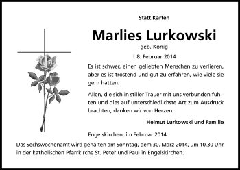 Anzeige von Marlies Lurkowski von Kölner Stadt-Anzeiger / Kölnische Rundschau / Express