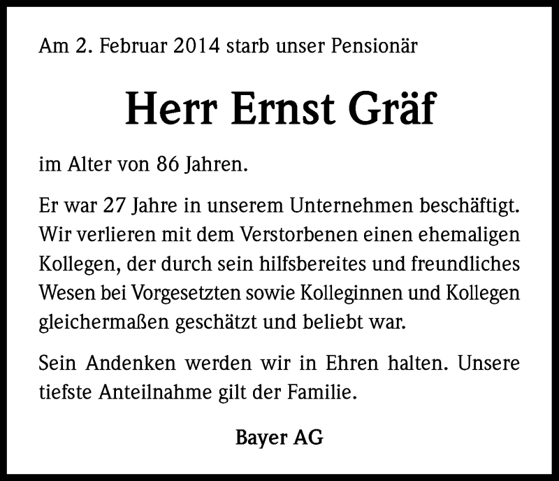  Traueranzeige für Ernst Gräf vom 21.02.2014 aus Kölner Stadt-Anzeiger / Kölnische Rundschau / Express