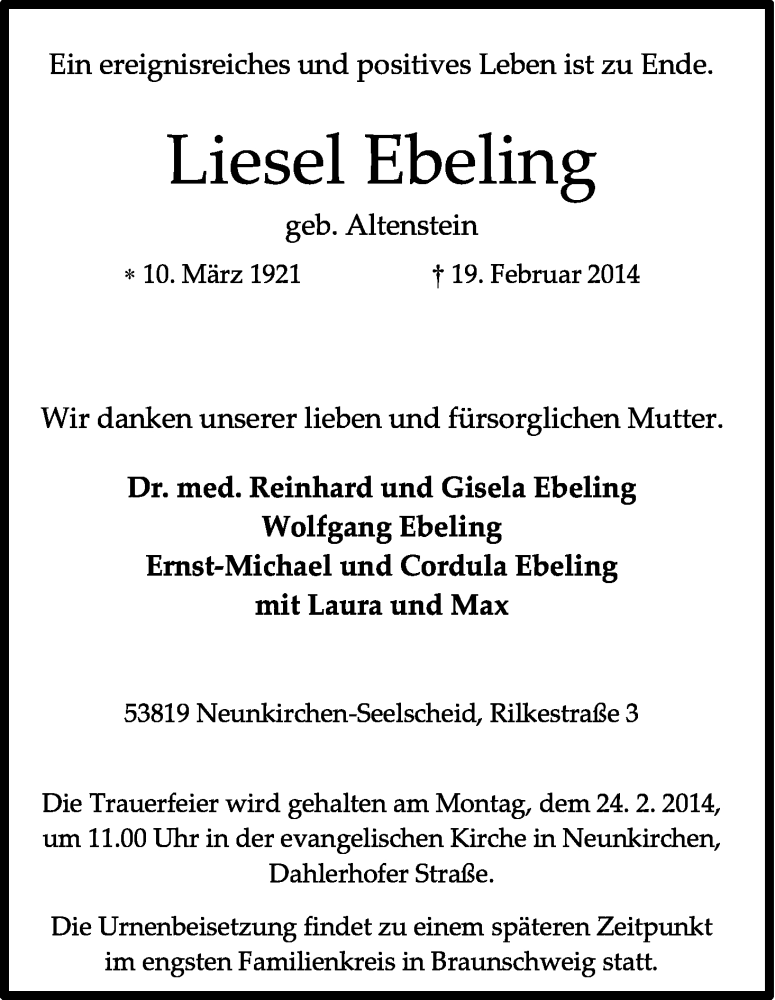 Traueranzeige für Liesel Ebeling vom 21.02.2014 aus Kölner Stadt-Anzeiger / Kölnische Rundschau / Express