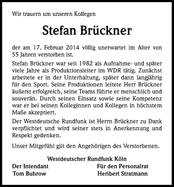 Anzeige von Stefan Brückner von Kölner Stadt-Anzeiger / Kölnische Rundschau / Express
