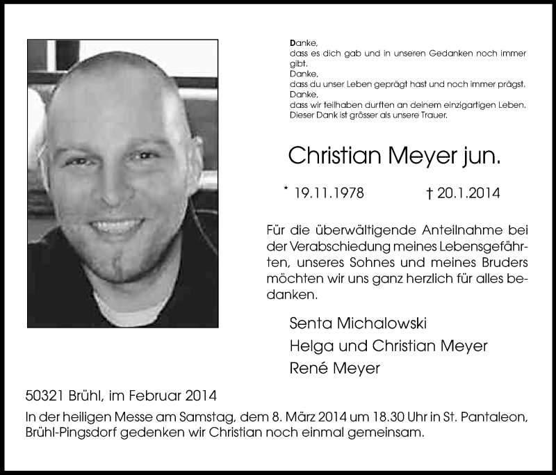  Traueranzeige für Christian Meyer vom 22.02.2014 aus Kölner Stadt-Anzeiger / Kölnische Rundschau / Express
