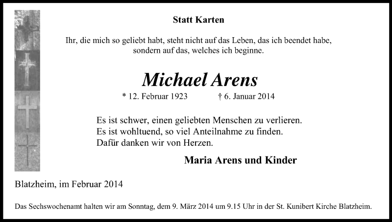  Traueranzeige für Michael Arens vom 22.02.2014 aus Kölner Stadt-Anzeiger / Kölnische Rundschau / Express