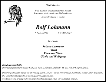 Anzeige von Rolf Lohmann von Kölner Stadt-Anzeiger / Kölnische Rundschau / Express