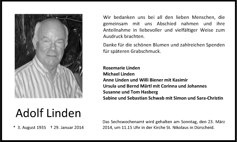  Traueranzeige für Adolf Linden vom 15.03.2014 aus Kölner Stadt-Anzeiger / Kölnische Rundschau / Express