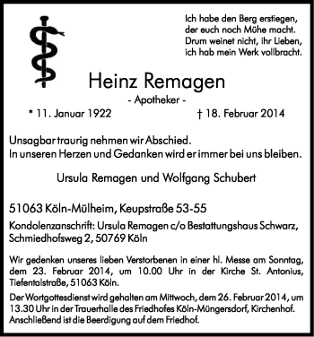 Anzeige von Heinz Remagen von Kölner Stadt-Anzeiger / Kölnische Rundschau / Express