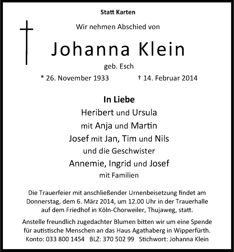  Traueranzeige für Johanna Klein vom 22.02.2014 aus Kölner Stadt-Anzeiger / Kölnische Rundschau / Express