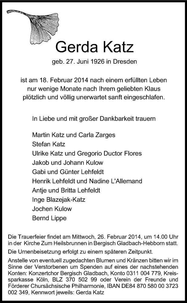  Traueranzeige für Gerda Katz vom 22.02.2014 aus Kölner Stadt-Anzeiger / Kölnische Rundschau / Express