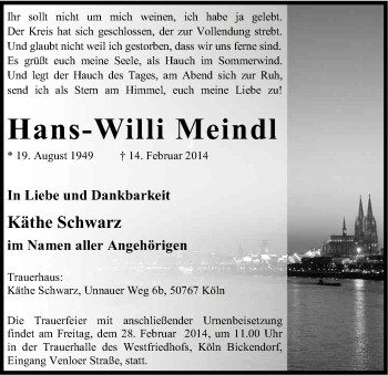 Anzeige von Hans-Willi Meindl von Kölner Stadt-Anzeiger / Kölnische Rundschau / Express