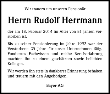 Anzeige von Rudolf Herrmann von Kölner Stadt-Anzeiger / Kölnische Rundschau / Express