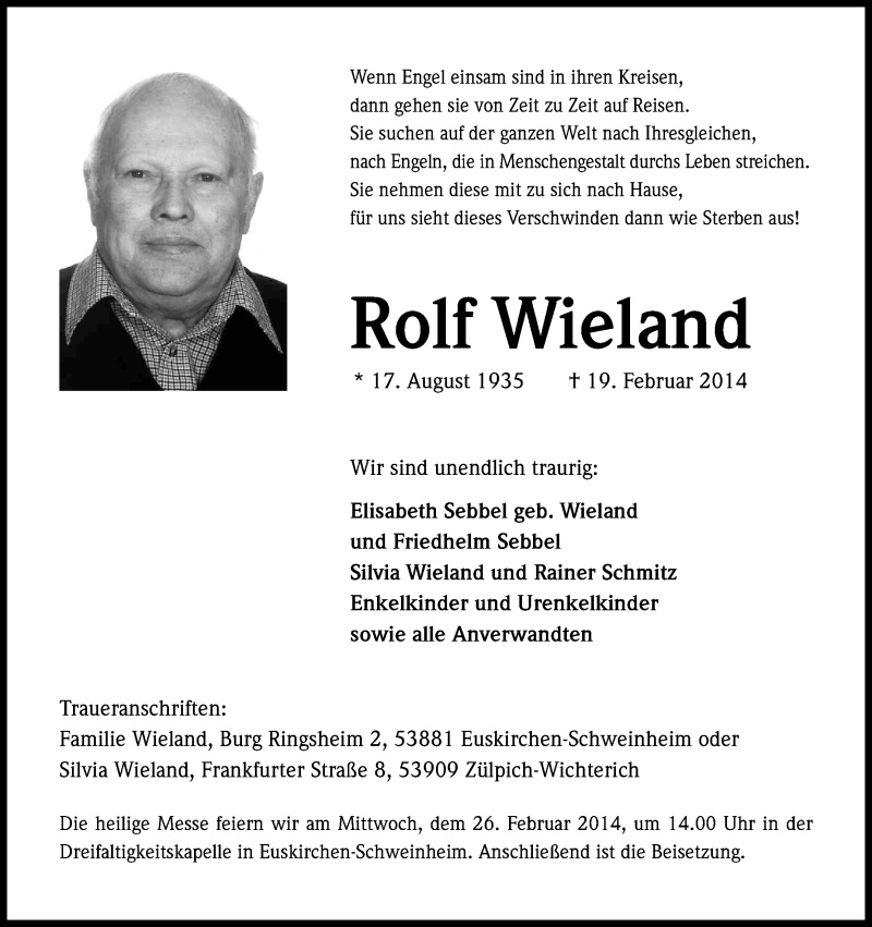  Traueranzeige für Rolf Wieland vom 22.02.2014 aus Kölner Stadt-Anzeiger / Kölnische Rundschau / Express