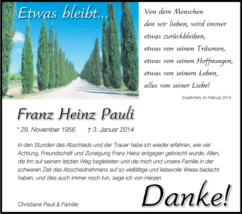Anzeige von Fraunz Heinz Pauli von Kölner Stadt-Anzeiger / Kölnische Rundschau / Express