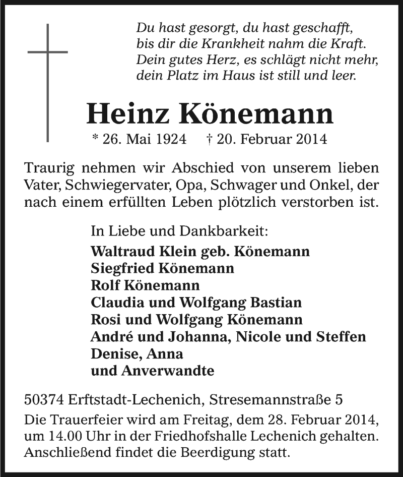  Traueranzeige für Heinz Könemann vom 22.02.2014 aus Kölner Stadt-Anzeiger / Kölnische Rundschau / Express