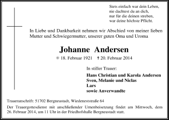 Anzeige von Johanne Andersen von Kölner Stadt-Anzeiger / Kölnische Rundschau / Express