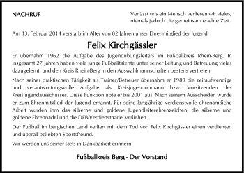 Anzeige von Felix Kirchgässler von Kölner Stadt-Anzeiger / Kölnische Rundschau / Express