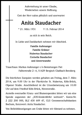 Anzeige von Anita Staudacher von Kölner Stadt-Anzeiger / Kölnische Rundschau / Express