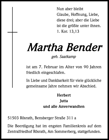 Anzeige von Martha Bender von Kölner Stadt-Anzeiger / Kölnische Rundschau / Express