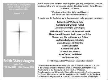 Anzeige von Edith Werkshagen von Kölner Stadt-Anzeiger / Kölnische Rundschau / Express