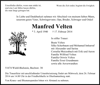 Anzeige von Manfred Velten von Kölner Stadt-Anzeiger / Kölnische Rundschau / Express