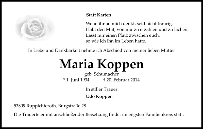  Traueranzeige für Maria Koppen vom 22.02.2014 aus Kölner Stadt-Anzeiger / Kölnische Rundschau / Express
