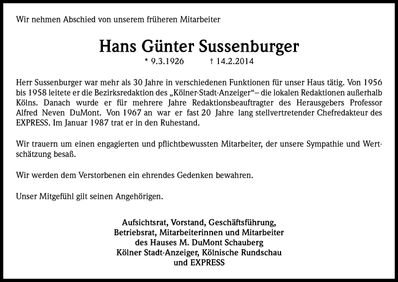  Traueranzeige für Hans Günter Sussenburger vom 22.02.2014 aus Kölner Stadt-Anzeiger / Kölnische Rundschau / Express