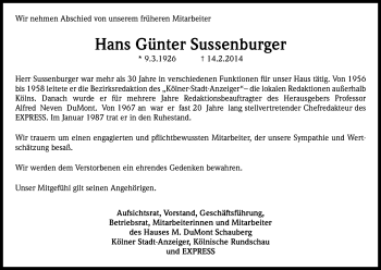 Anzeige von Hans Günter Sussenburger von Kölner Stadt-Anzeiger / Kölnische Rundschau / Express
