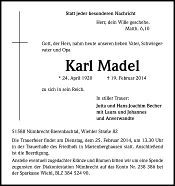 Anzeige von Karl Madel von Kölner Stadt-Anzeiger / Kölnische Rundschau / Express