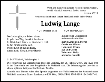 Anzeige von Ludwig Lange von Kölner Stadt-Anzeiger / Kölnische Rundschau / Express