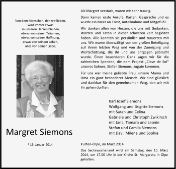 Anzeige von Margret Siemons von Kölner Stadt-Anzeiger / Kölnische Rundschau / Express