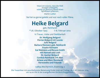 Anzeige von Heike Belgard von Kölner Stadt-Anzeiger / Kölnische Rundschau / Express