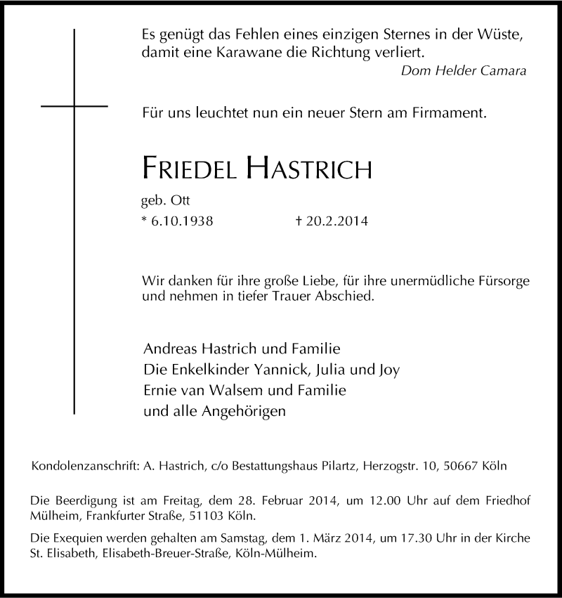  Traueranzeige für Friedel Hastrich vom 22.02.2014 aus Kölner Stadt-Anzeiger / Kölnische Rundschau / Express