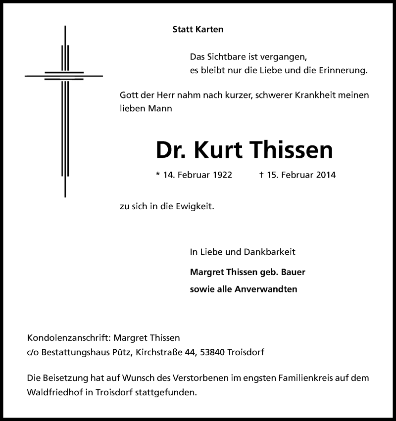  Traueranzeige für Kurt Thissen vom 26.02.2014 aus Kölner Stadt-Anzeiger / Kölnische Rundschau / Express