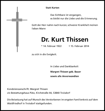 Anzeige von Kurt Thissen von Kölner Stadt-Anzeiger / Kölnische Rundschau / Express