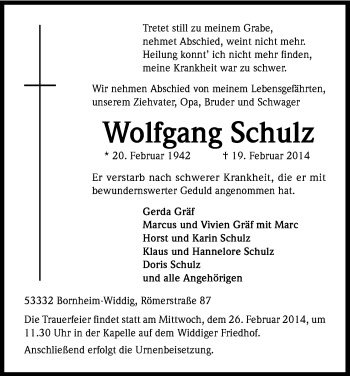 Anzeige von Wolfgang Schulz von Kölner Stadt-Anzeiger / Kölnische Rundschau / Express