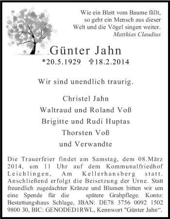 Anzeige von Günter Jahn von Kölner Stadt-Anzeiger / Kölnische Rundschau / Express