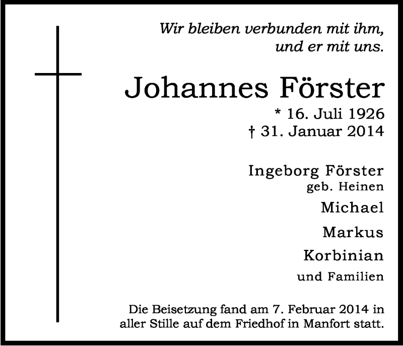  Traueranzeige für Johannes Förster vom 22.02.2014 aus Kölner Stadt-Anzeiger / Kölnische Rundschau / Express
