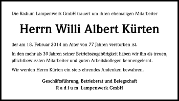 Anzeige von Willi Albert Kürten von Kölner Stadt-Anzeiger / Kölnische Rundschau / Express