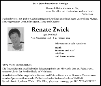 Anzeige von Renate Zwick von Kölner Stadt-Anzeiger / Kölnische Rundschau / Express