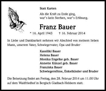 Anzeige von Franz Bauer von Kölner Stadt-Anzeiger / Kölnische Rundschau / Express