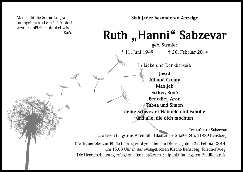  Traueranzeige für KafkaRuth Sabzevar vom 24.02.2014 aus Kölner Stadt-Anzeiger / Kölnische Rundschau / Express