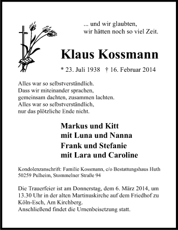 Anzeige von Klaus Kossmann von Kölner Stadt-Anzeiger / Kölnische Rundschau / Express